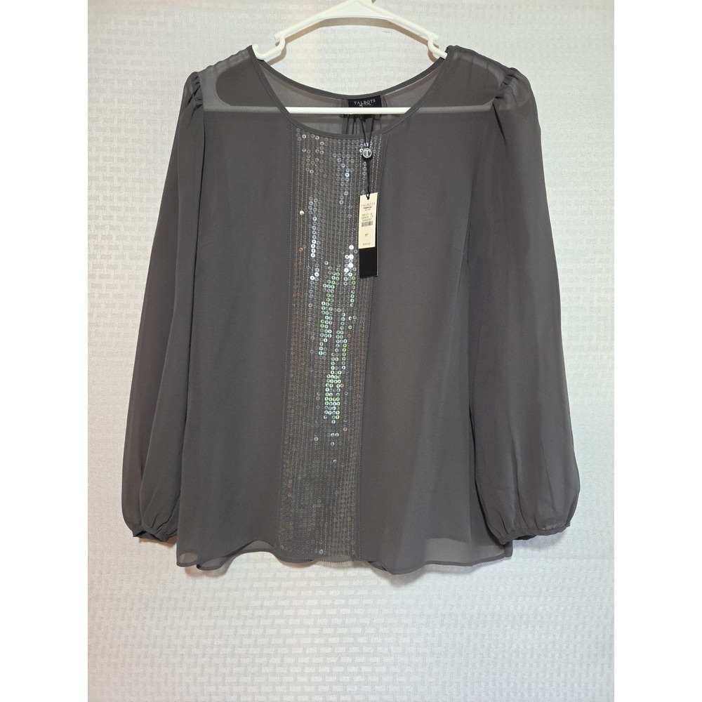 Talbots Petites Gray Sequin Sheer Blouse NWT With Camisole Lining Top